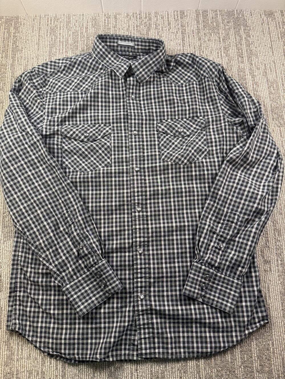 Banana Republic Shirt Mens Large Gray Plaid Long Sleeve Snap Front Western